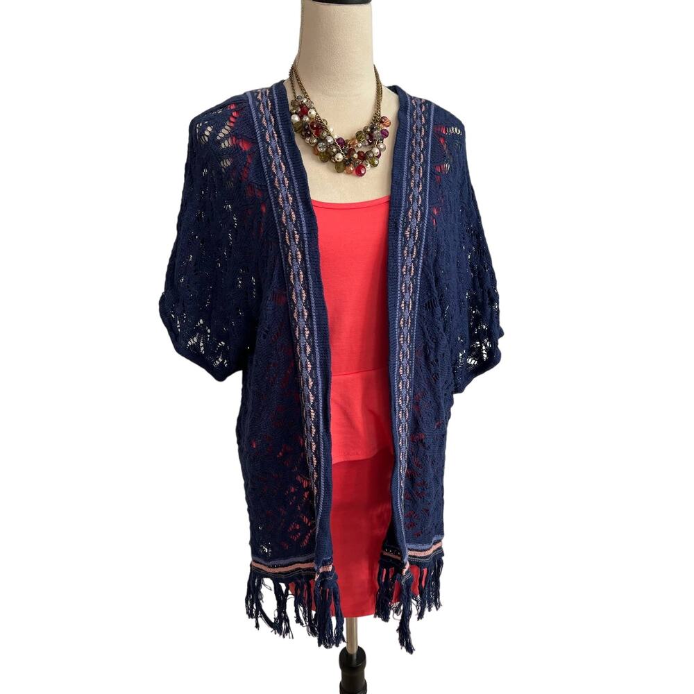 Vintage America Open Front Cardigan‎ Blue and Pink Crochet Fringe Large
